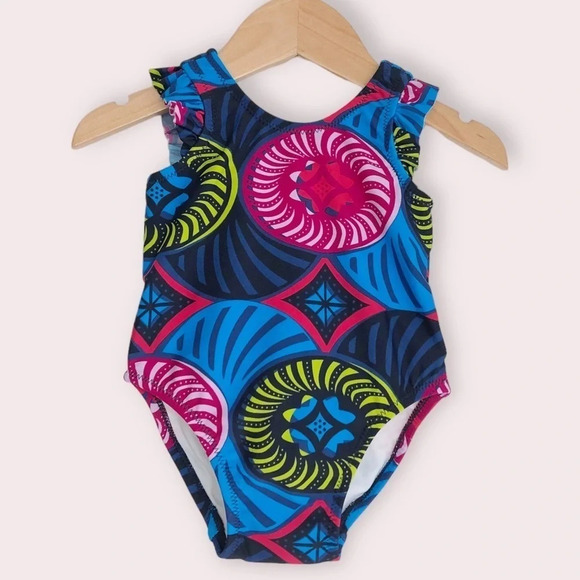 NWT Tea Collection swimsuit Positano blue & pink print one piece 6-12 months - Picture 1 of 9